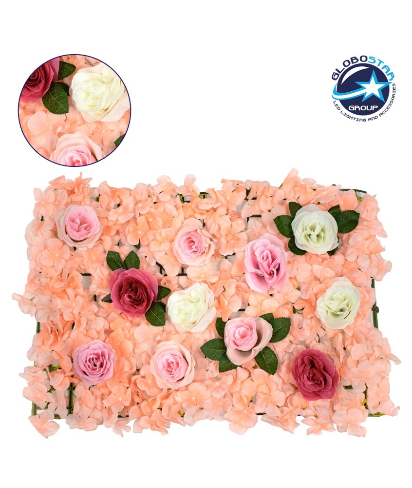 GloboStar® 78306 Συνθετικό Πάνελ Λουλουδιών - Κάθετος Κήπος Τριαντάφυλλο - Ορτανσία Μ60 x Υ40 x Π7cm